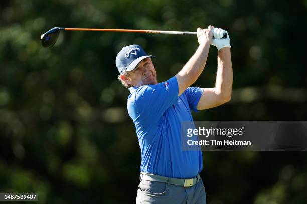 Lee Janzen of the United States hits a tee shot on the 15th hole during the final round of the Insperity Invitational at The Woodlands Golf Club on...