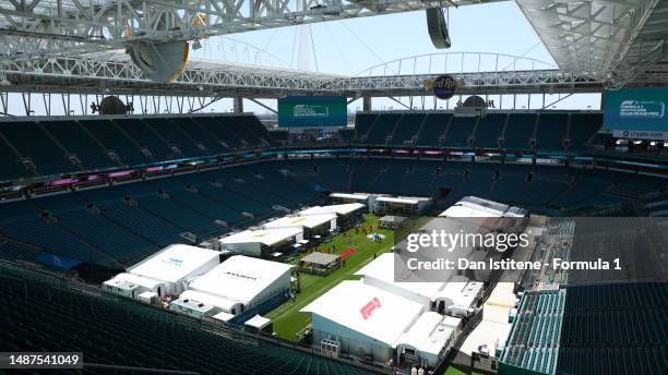 General view of the paddock inside Hard Rock Stadium, home of the Miami Dolphins during previews ahead of the F1 Grand Prix of Miami at Miami...