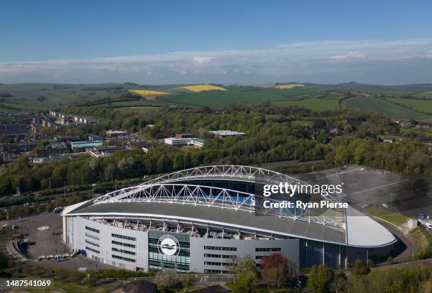 An aerial view of American Express Community Stadium prior to the Premier League match between Brighton & Hove Albion and Manchester United at...