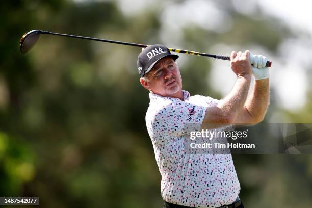 Rod Pampling of Australia hits a tee shot during the first round of the Insperity Invitational at The Woodlands Golf Club on April 28, 2023 in The...