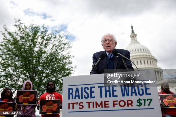 Sen. Bernie Sanders speaks at a press conference on raising the federal minimum wage outside the U.S. Capitol Building May 04, 2023 in Washington,...