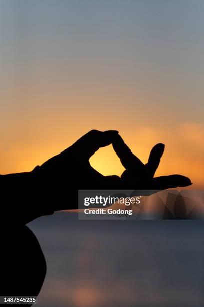 Woman practising yoga meditation by the sea at sunset as concept for silence and relaxation. Close-up on hand, gyan mudra.