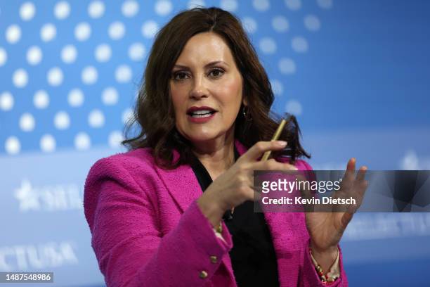 Gov. Gretchen Whitmer delivers remarks at the SelectUSA Investment Summit on May 04, 2023 in National Harbor, Maryland. The SelectUSA Investment...