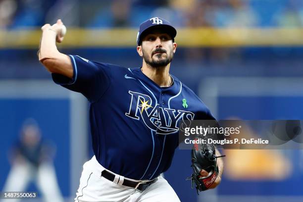 Zach Eflin of the Tampa Bay Rays throws a pitch during the first inning against the Pittsburgh Pirates at Tropicana Field on May 04, 2023 in St...