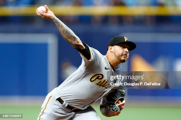 Vince Velasquez of the Pittsburgh Pirates throws a pitch during the first inning against the Tampa Bay Rays at Tropicana Field on May 04, 2023 in St...