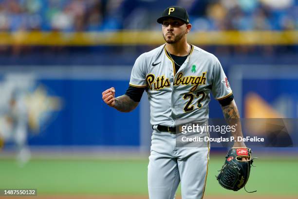 Vince Velasquez of the Pittsburgh Pirates reacts during the first inning against the Tampa Bay Rays at Tropicana Field on May 04, 2023 in St...