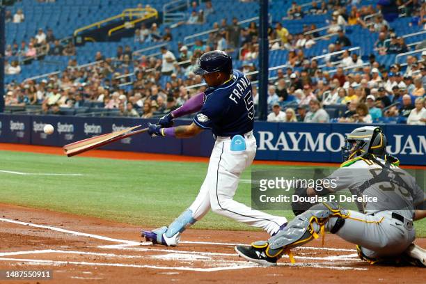 Wander Franco of the Tampa Bay Rays breaks his bat during the first inning against the Pittsburgh Pirates at Tropicana Field on May 04, 2023 in St...