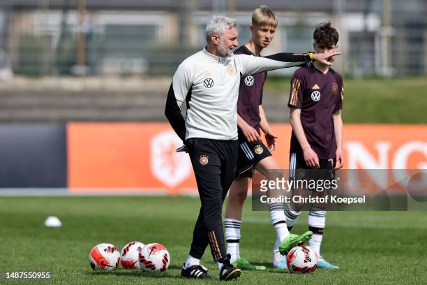 Mario Himsl, assistant coach reacts prior to the international friendly match between U15 Netherlands and U15 Germany at Achilles 1894 Stadium on May...