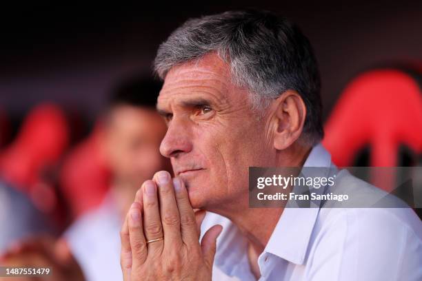 Jose Luis Mendilibar, Head Coach of Sevilla FC, looks on prior to the LaLiga Santander match between Sevilla FC and RCD Espanyol at Estadio Ramon...