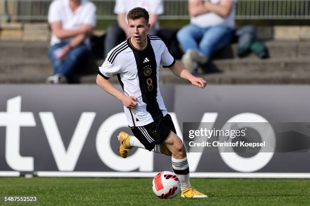 Max Knoll of Germany runs with the ball during the international friendly match between U15 Netherlands and U15 Germany at Achilles 1894 Stadium on...