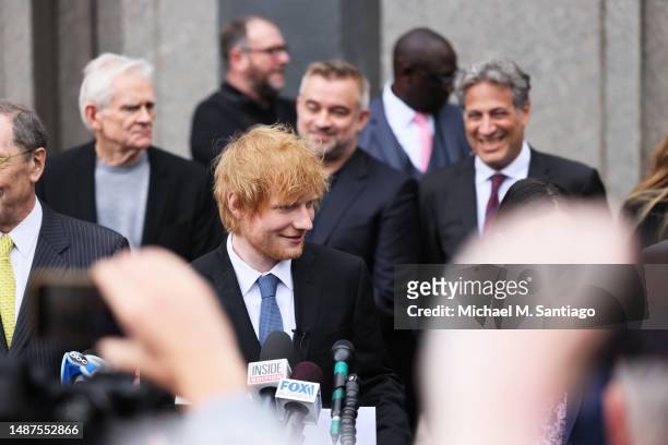 Musician Ed Sheeran reads a statement after the conclusion his copyright infringement trial at Manhattan Federal Court on May 04, 2023 in New York...