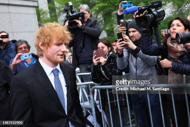 Musician Ed Sheeran leaves after the conclusion his copyright infringement trial at Manhattan Federal Court on May 04, 2023 in New York City. A jury...