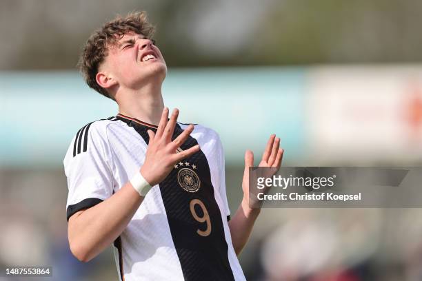 Alexander Staff of Germany reacts during the international friendly match between U15 Netherlands and U15 Germany at Achilles 1894 Stadium on May 04,...