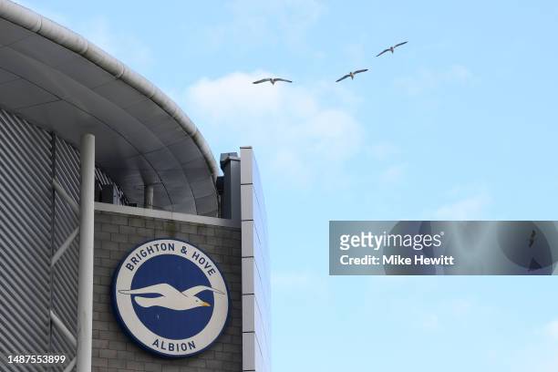 Seagulls fly outside the stadium prior to the Premier League match between Brighton & Hove Albion and Manchester United at American Express Community...