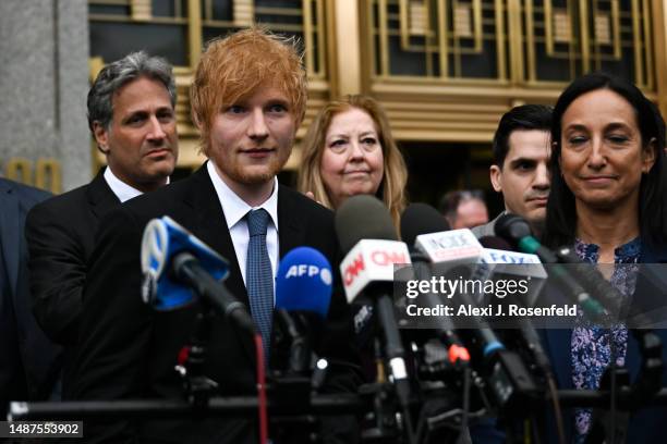 Ed Sheeran leaves Manhattan Federal Court and speaks to media after he was found not guilty in a music copyright trial on May 4, 2023 in New York...