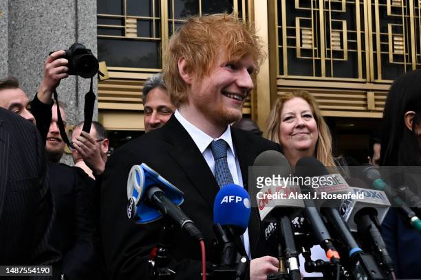Ed Sheeran leaves Manhattan Federal Court and speaks to members of the media after he was found not guilty in a music copyright trial on May 4, 2023...