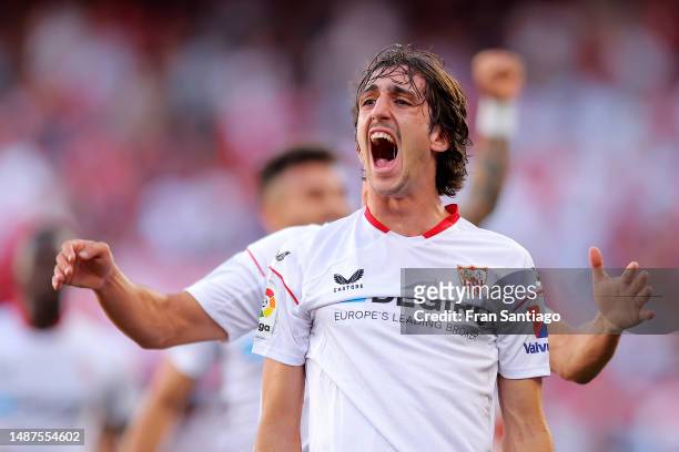 Bryan Gil of Sevilla FC celebrates after scoring the team's first goal during the LaLiga Santander match between Sevilla FC and RCD Espanyol at...