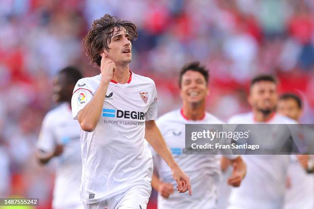 Bryan Gil of Sevilla FC celebrates after scoring the team's first goal during the LaLiga Santander match between Sevilla FC and RCD Espanyol at...