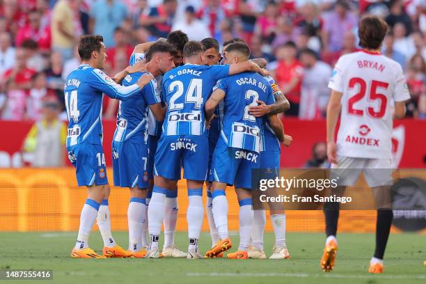 Espanyol players celebrate after Karim Rekik of Sevilla FC scores an own-goal, RCD Espanyol first goal during the LaLiga Santander match between...