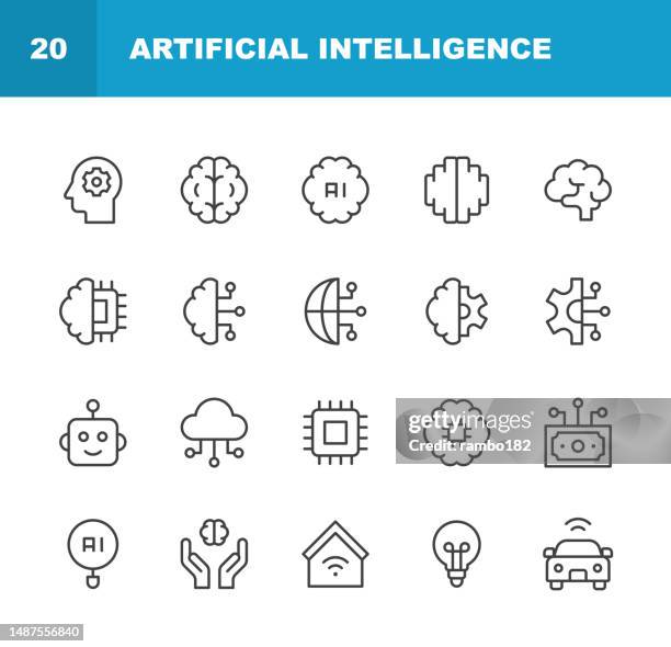 artificial intelligence line icons. editable stroke. pixel perfect. for mobile and web. contains such icons as ai, brain, chip, coding, data, engineering, generative art, gpu, machine, machine learning, neural network, processor, programming, robot. - generative art stock illustrations