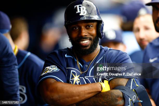 Randy Arozarena of the Tampa Bay Rays reacts after hitting a solo home run during the fourth inning against the Pittsburgh Pirates at Tropicana Field...