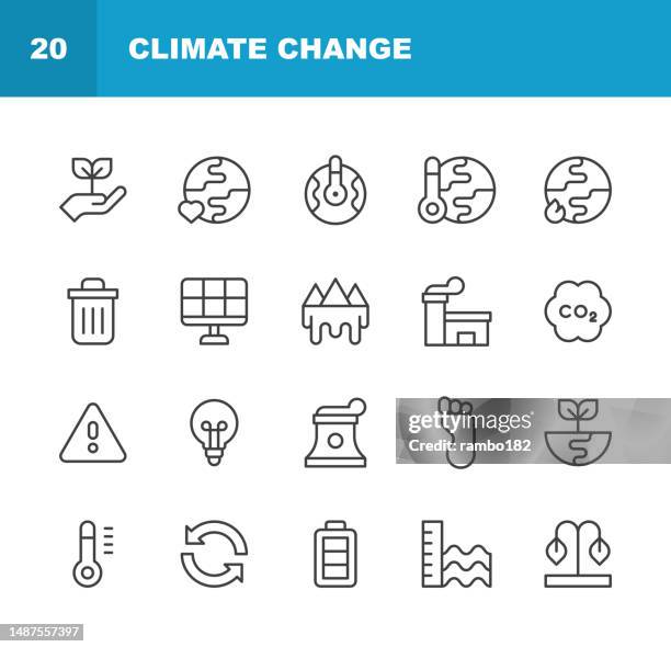 climate change line icons. editable stroke. pixel perfect. for mobile and web. contains such icons as carbon footprint, co2, earth, ecology, environment, global warming, iceberg, melting, nature, nuclear energy, planet, plastic, polar bear, recycling. - poland landscape stock illustrations