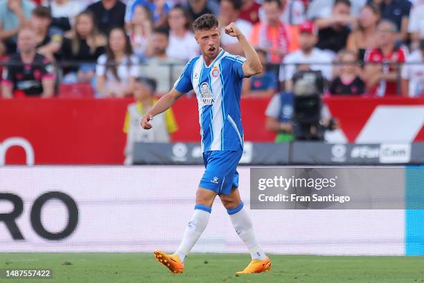 Javi Puado of RCD Espanyol celebrates after scoring the team's second goal during the LaLiga Santander match between Sevilla FC and RCD Espanyol at...