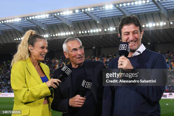 Presenter Diletta Leotta looks on as they speak with Former Managers Edoardo Reja and Ciro Ferrara on DAZN TV prior to the Serie A match between...