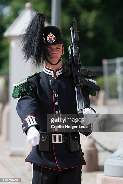 marching guard at oslo royal palace. - königliches schloss stock-fotos und bilder