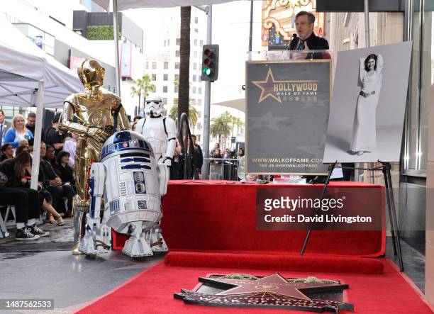 Mark Hamill speaks onstage during the ceremony for Carrie Fisher being honored posthumously with a Star on the Hollywood Walk of Fame on May 04, 2023...