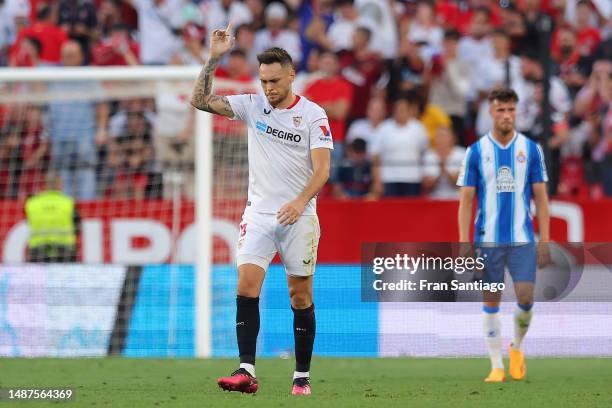 Lucas Ocampos of Sevilla FC celebrates after scoring the team's second goal from the penalty spot during the LaLiga Santander match between Sevilla...