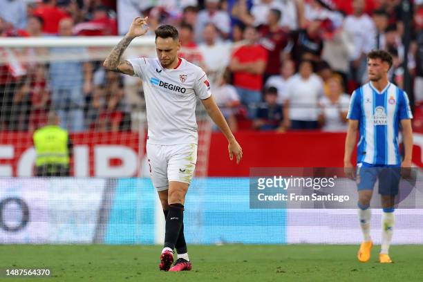 Lucas Ocampos of Sevilla FC celebrates after scoring the team's second goal from the penalty spot during the LaLiga Santander match between Sevilla...