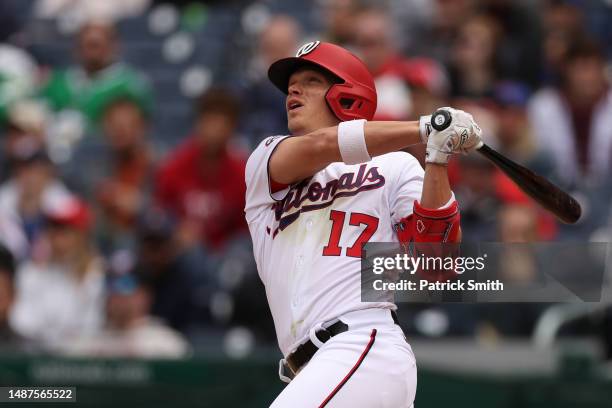 Alex Call of the Washington Nationals hits a walk-off home run against the Chicago Cubs during the ninth inning at Nationals Park on May 04, 2023 in...