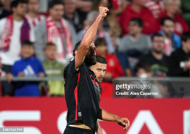 Vedat Muriqi of RCD Mallorca celebrates after scoring the team's first goal from the penalty spot during the LaLiga Santander match between Girona FC...
