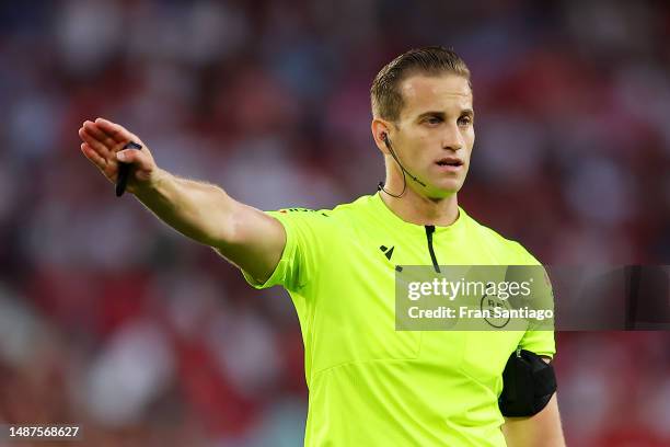 Referee Alberola Rojas gestures during the LaLiga Santander match between Sevilla FC and RCD Espanyol at Estadio Ramon Sanchez Pizjuan on May 04,...