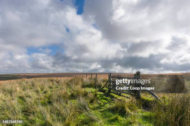 Gate in a barbed wire fence on the north side of The Chains on the Devon and Somerset boarder in the Exmoor National Park.