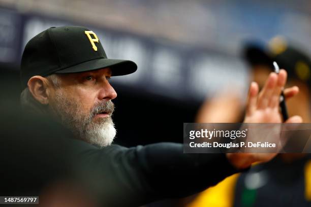 Manager Derek Shelton of the Pittsburgh Pirates reacts during the ninth inning against the Tampa Bay Rays at Tropicana Field on May 04, 2023 in St...
