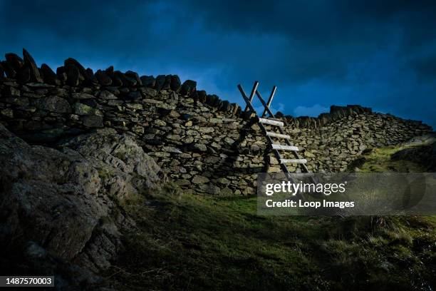 Wooden ladder stile on top of Black Crag near Ambleside.