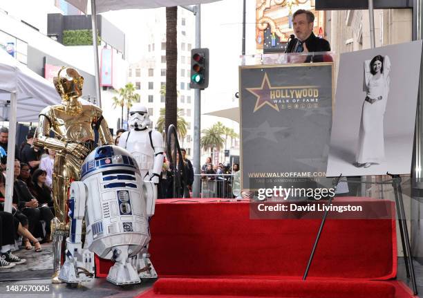 Mark Hamill speaks onstage during the ceremony for Carrie Fisher being honored posthumously with a Star on the Hollywood Walk of Fame on May 04, 2023...