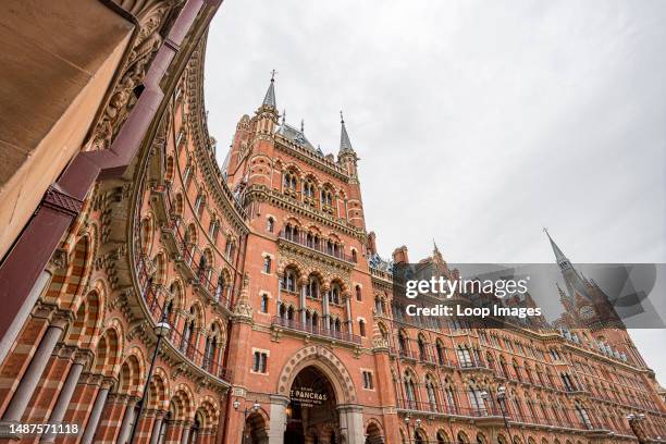 External view showing stunning architecture of the luxury St Pancras Renaissance Hotel in London.