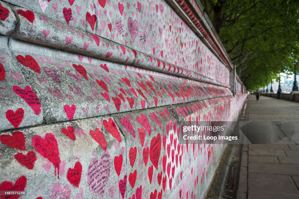 Wall of love on the Albert Embankment in London full of messages from friends and family who have lost loved ones during the Covid-19 pandemic