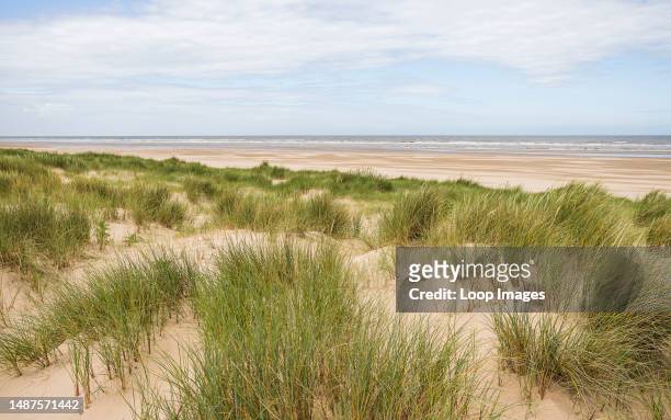 Ainsdale beach pictured over the marram grass topped sand dunes on the Sefton coastline near Southport.
