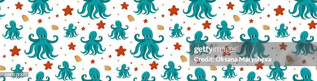 Octopus, starfish, shell seamless vector pattern. Sea inhabitants Marine life. Underwater animals.