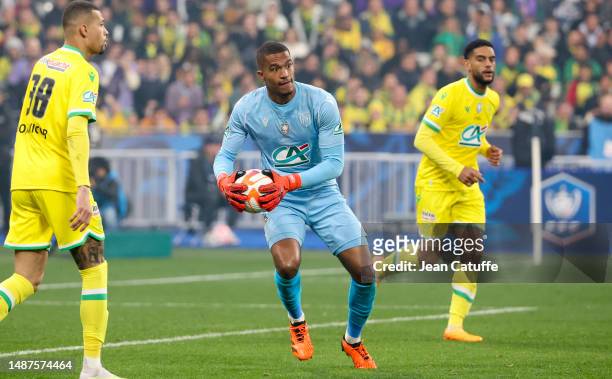Nantes goalkeeper Alban Lafont during the French Cup final between FC Nantes and Toulouse FC at Stade de France on April 29, 2023 in Saint-Denis near...