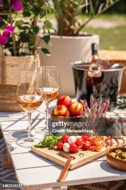 copos de vinho rosa com lanches de piquenique de antepastos na mesa de festa ensolarada do jardim - antipasto - fotografias e filmes do acervo