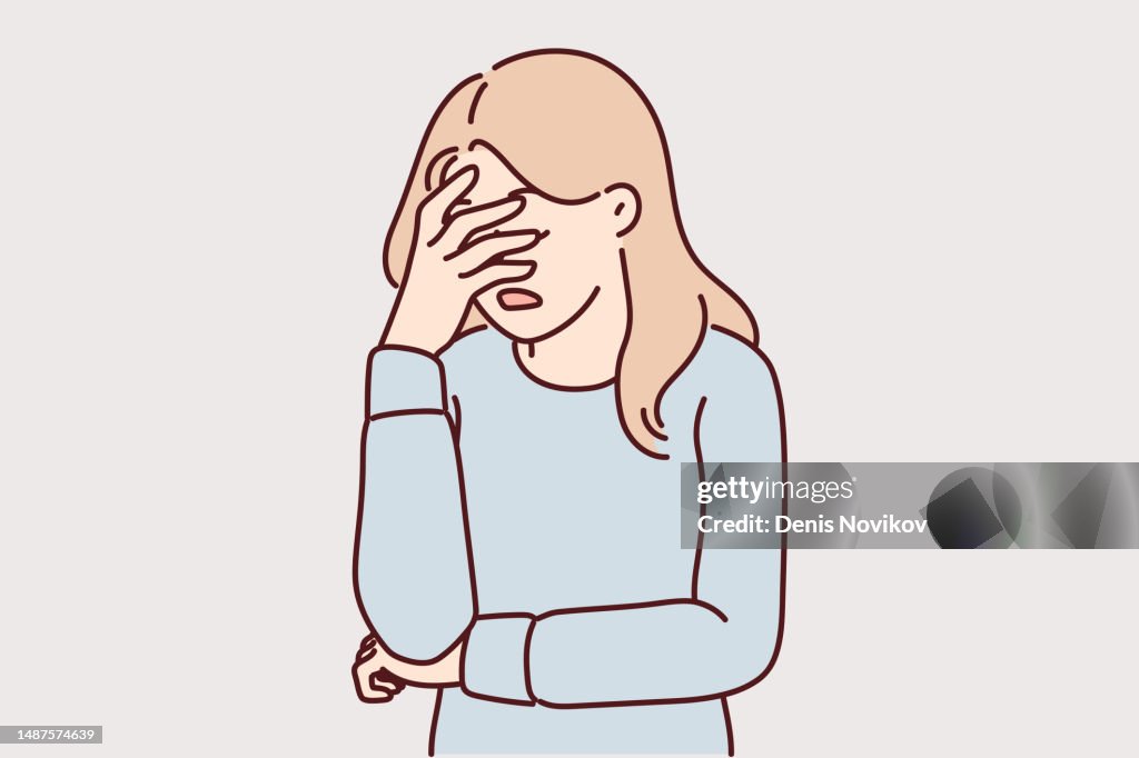 Lacking Strength Upset Girl Covers Face With Hand Due To Stress And Lack Of Strength To ...