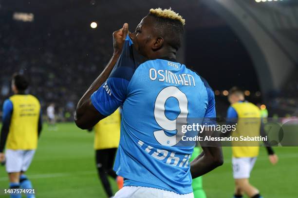 Victor Osimhen of SSC Napoli celebrates after scoring the team's first goal during the Serie A match between Udinese Calcio and SSC Napoli at Dacia...