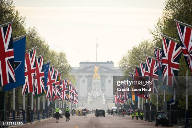 General view along the Mall towards Buckingham Palace on May 04, 2023 in London, England. The Coronation of King Charles III and The Queen Consort...