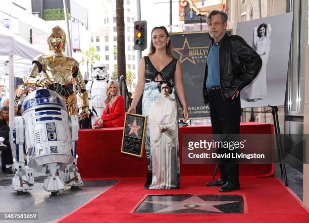 Billie Lourd and Mark Hamill attend the ceremony for Carrie Fisher being honored posthumously with a Star on the Hollywood Walk of Fame on May 04,...
