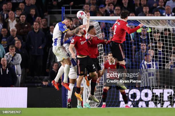 Lewis Dunk of Brighton & Hove Albion shoots which hits the hand of Luke Shaw of Manchester United, which results in a penalty being awarded to...